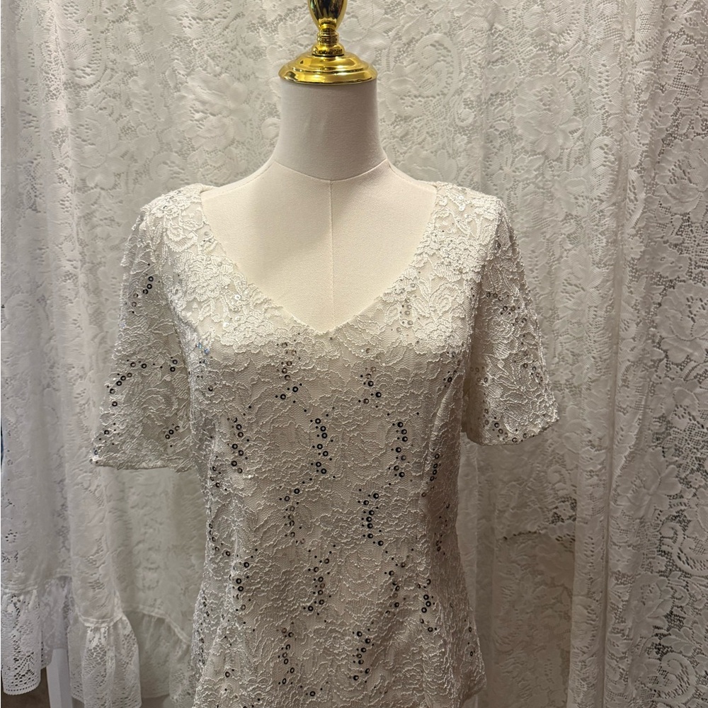 Alex Evenings Ivory Lace Top with Silver Sequin Accents